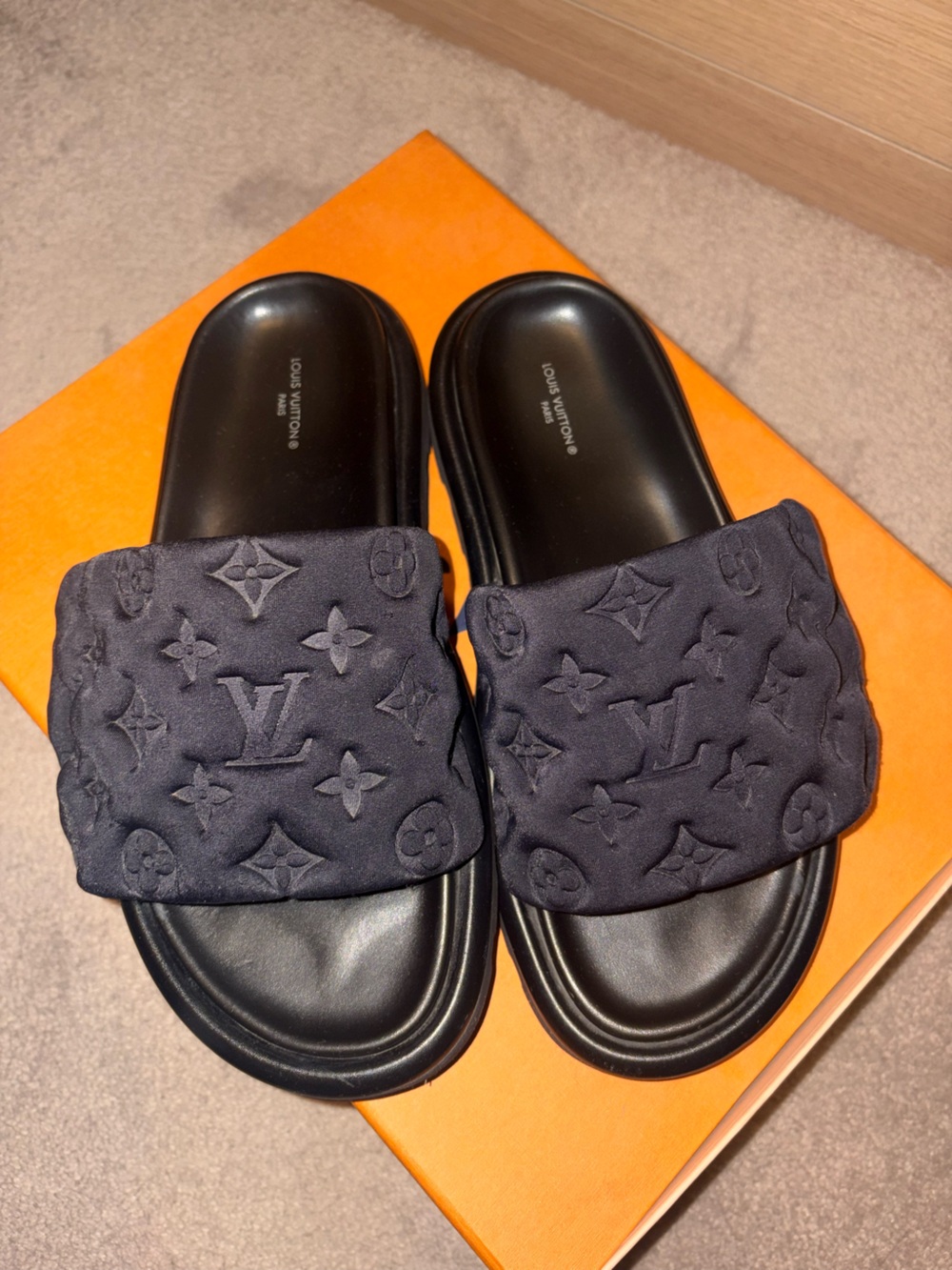 Louis Vuitton Navy Quilted Monogram Slide Sandals